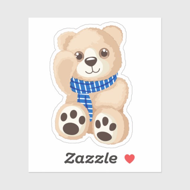 Cute Waving Teddy Bear with Blue Plaid Scarf (Sheet)