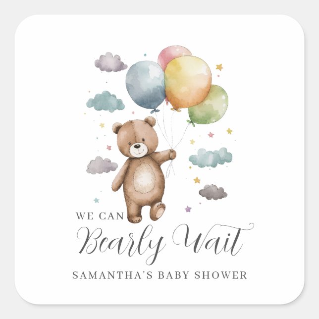 Cute We Can Bearly Wait Bear Balloon Baby Shower  Square Sticker (Front)