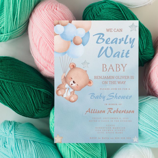 Cute We Can Bearly Wait Blue Boy Baby Shower  Invitation (Creator Uploaded)