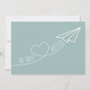 Cute We Have Moved Modern Heart Paper Plane Blue Announcement