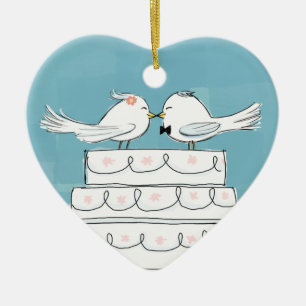 Cute Wedding Bride and Groom White Birds Keepsake Ceramic Tree Decoration