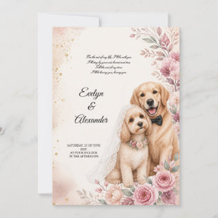 Cute Wedding Dogs Blush Pink Floral Watercolor  Invitation