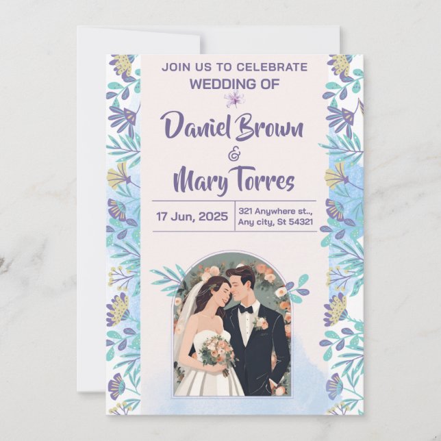 Cute wedding invitation  Blue Purple (Front)