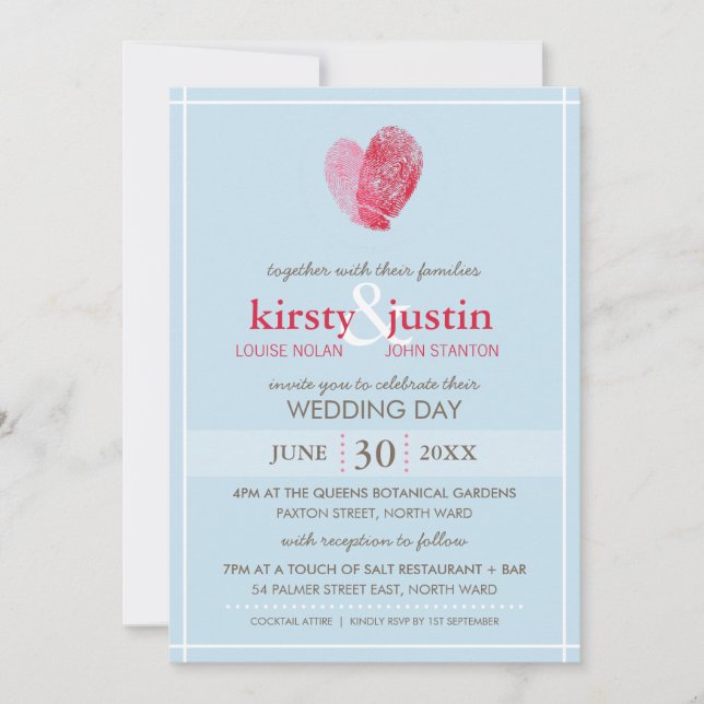 CUTE WEDDING INVITE modern fingerprint heart blue (Front)