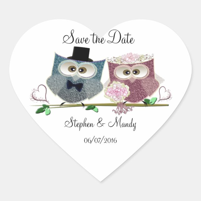 Cute Wedding Owls Heart Sticker (Front)