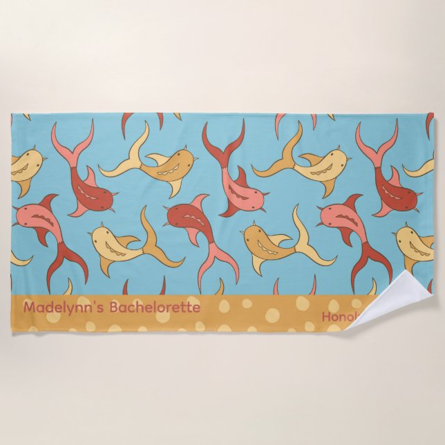 Cute Wedding Party Favour Personalised Koi Fish Beach Towel (Front)