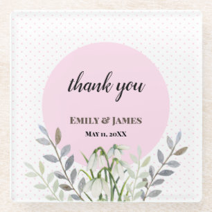 Cute Wedding White Snowdrops Pink Polka Dots Glass Coaster