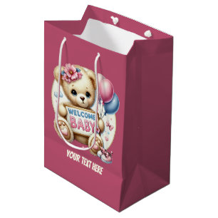Cute Welcome baby customisable girls bear Medium Gift Bag