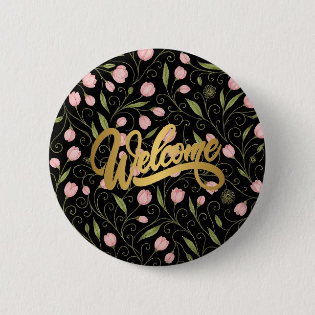 Cute, welcome flower/tulip repeating pattern  6 cm round badge (Front)