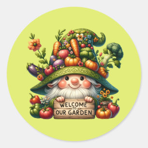 Cute welcome garden gnome classic round sticker