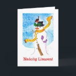 Cute Welsh Christmas Card, Snowman and Robin<br><div class="desc">A fun Christmas Card with Happy Christmas in Welsh and a robin that has landed on the snowman's hat and is enjoying the holly berries. From a whimsical,  hand-painted illustration by Judy Adamson.</div>