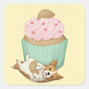 Cute Welsh Corgi and Cupcake Illustration Art Square Sticker