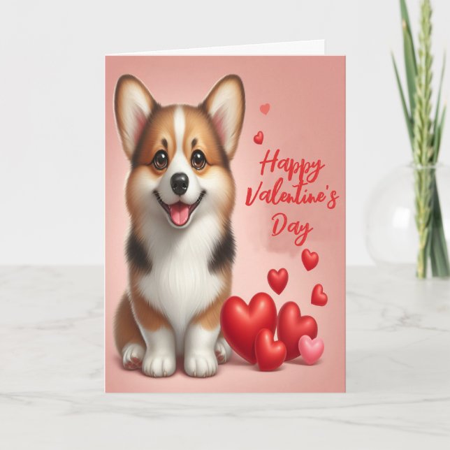 Cute Welsh Corgi Dog Happy Valentine's Day Holiday Card (Front)