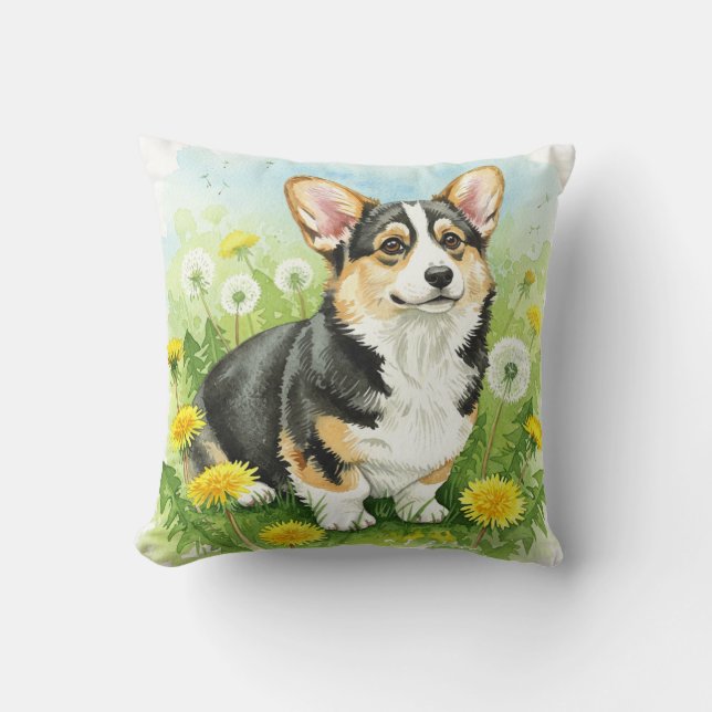 Cute Welsh Pembroke Corgi Dandelions Pillow (Front)