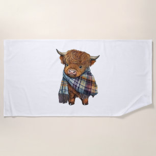 Cute West Highland Cow Baby With Plaid Scarf Wrapp Beach Towel