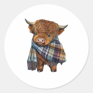 Cute West Highland Cow Baby With Plaid Scarf Wrapp Classic Round Sticker