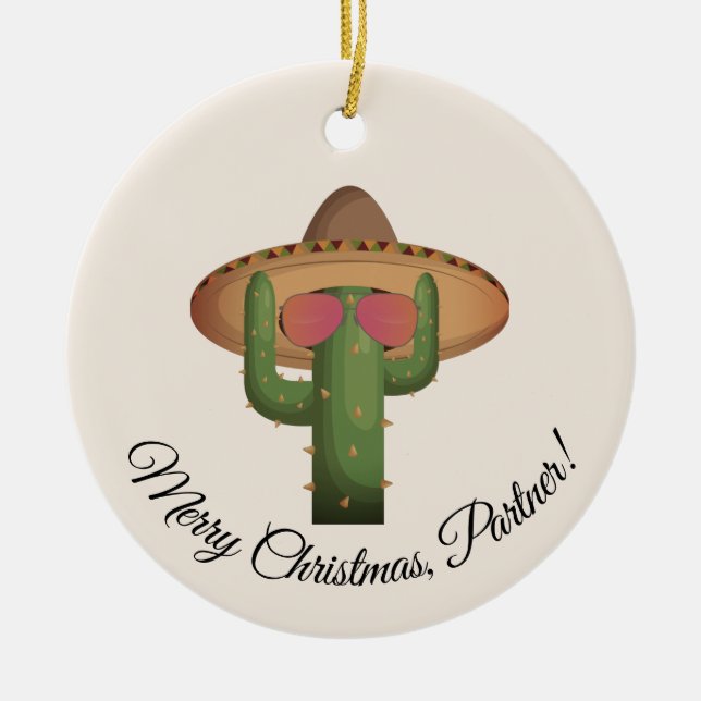 Cute Western Christmas Cactus Custom Ceramic Tree Decoration (Front)