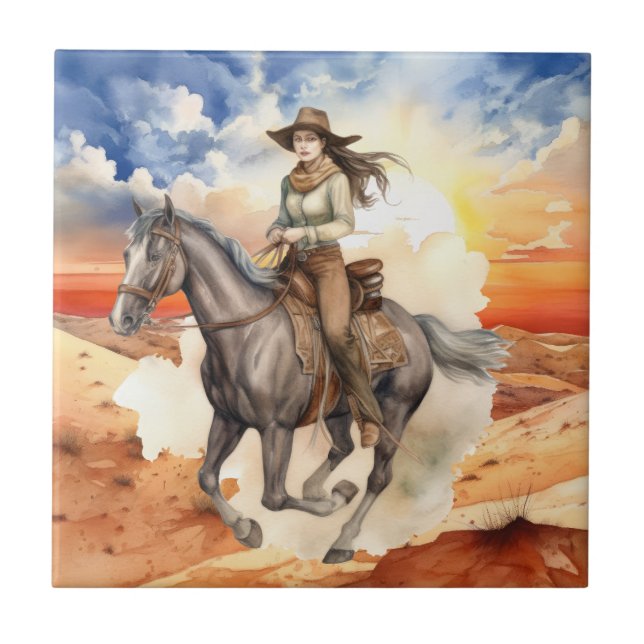 cute Western cowgirl desert Tile (Front)