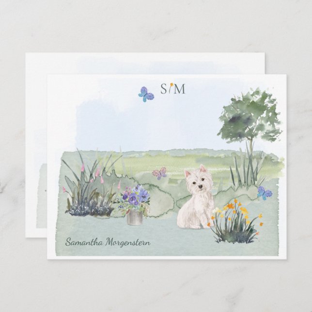 Cute Westie Butterfly Meadow Monogram & Name Card (Front/Back)