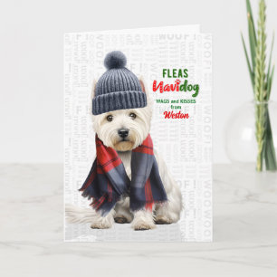 Cute Westie Dog Funny Fleas Navidog with Name Holiday Card