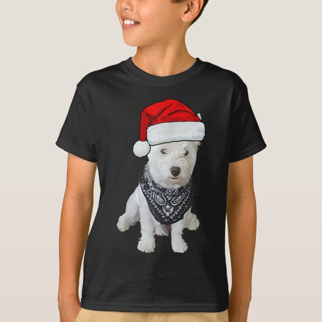 Cute Westie Dog Picture, Xmas hat T-Shirt (Front)