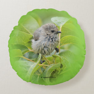 Cute Wet Wee Bushtit on the Laurel Round Cushion
