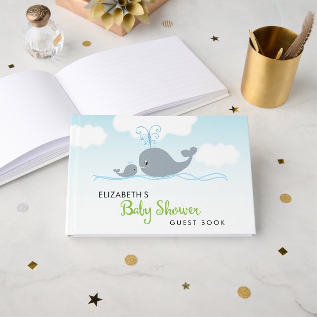 Cute Whale and Baby Whale, Baby Shower Guest Book (Front Open)