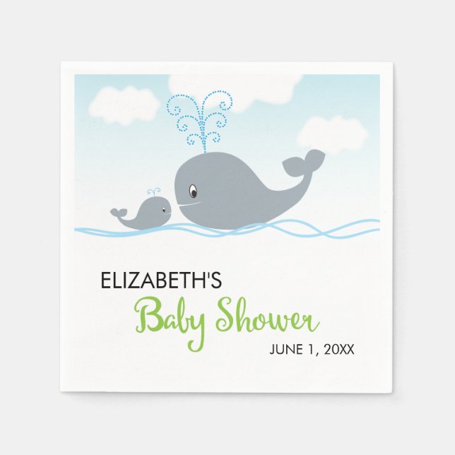 Cute Whale and Baby Whale, Baby Shower Napkin (Front)
