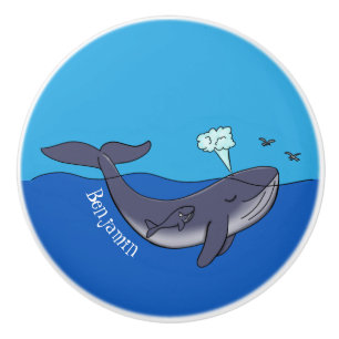 Cute whale and calf whimsical cartoon ceramic knob
