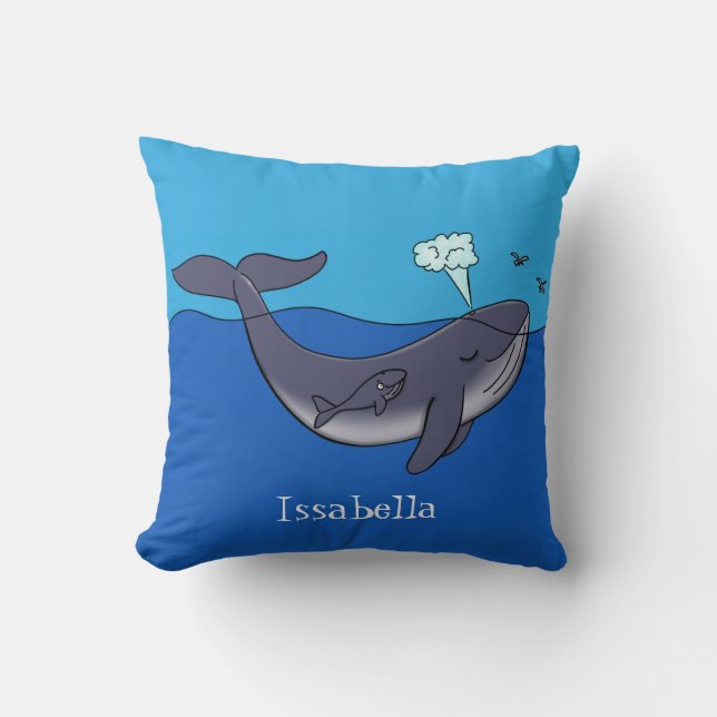 Cute whale and calf whimsical cartoon cushion (Front)