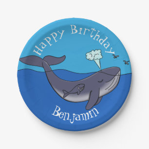 Cute whale and calf whimsical cartoon paper plate