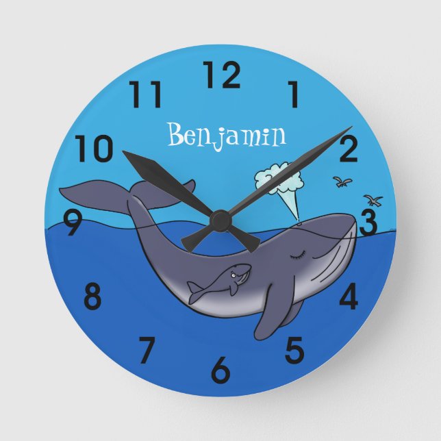 Cute whale and calf whimsical cartoon round clock (Front)