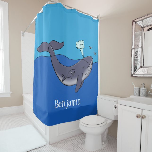 Cute whale and calf whimsical cartoon shower curtain (In Situ)