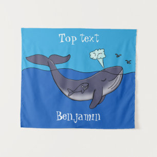 Cute whale and calf whimsical cartoon tapestry
