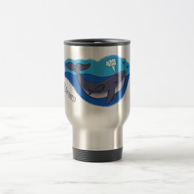 Cute whale and calf whimsical cartoon travel mug (Center)