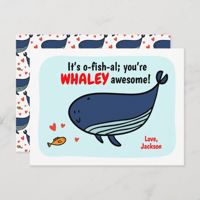 Cute Whale and Fish Class Valentine Cards for Kids (Front/Back)
