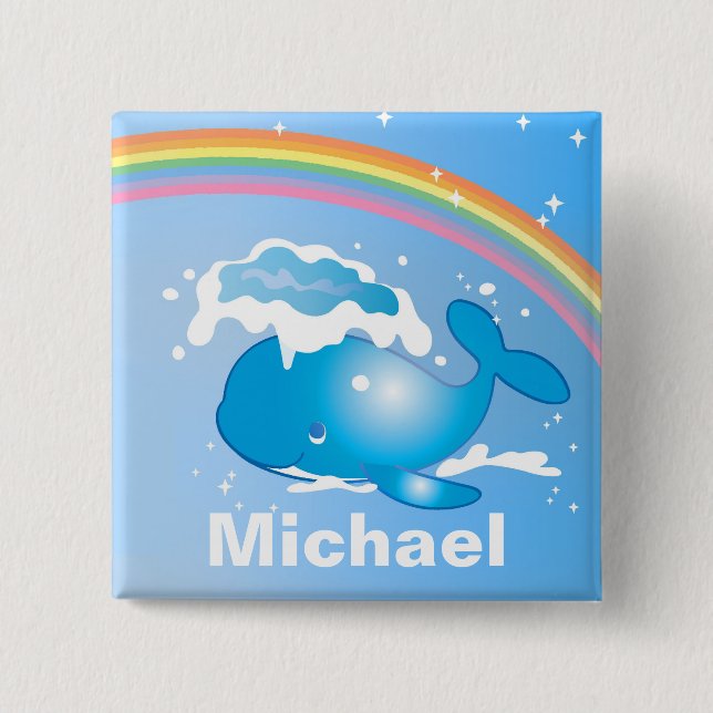 Cute Whale and Rainbow Art Personalised Kids 15 Cm Square Badge (Front)