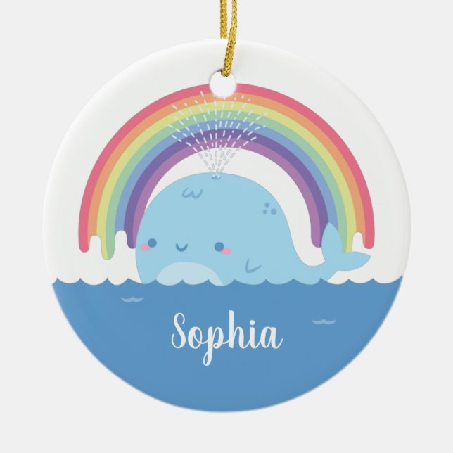 Cute Whale and Rainbow, Colourful Ceramic Tree Decoration (Front)