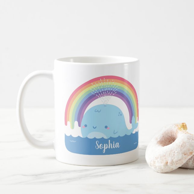 Cute Whale and Rainbow, Colourful Personalised Coffee Mug (With Donut)