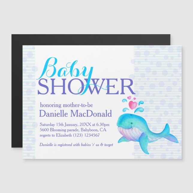 Cute Whale art baby shower aqua purple Magnetic Invitation (Front/Back)