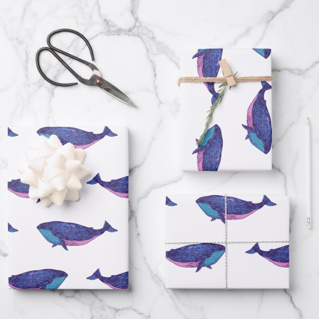 Cute Whale Art Drawing in Ocean Blue and White Wrapping Paper Sheet (Front)