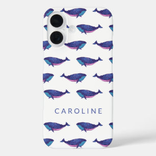 Cute Whale Art Pattern in Ocean Blue Personalised iPhone 16 Case