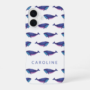 Cute Whale Art Pattern in Ocean Blue Personalised iPhone 16 Case