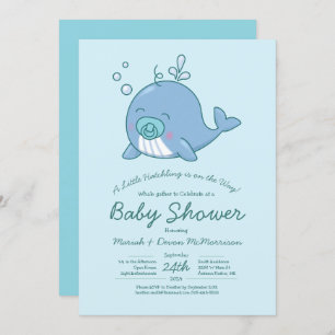 Cute Whale Baby Shower Kawaii Invitation Boy Blue
