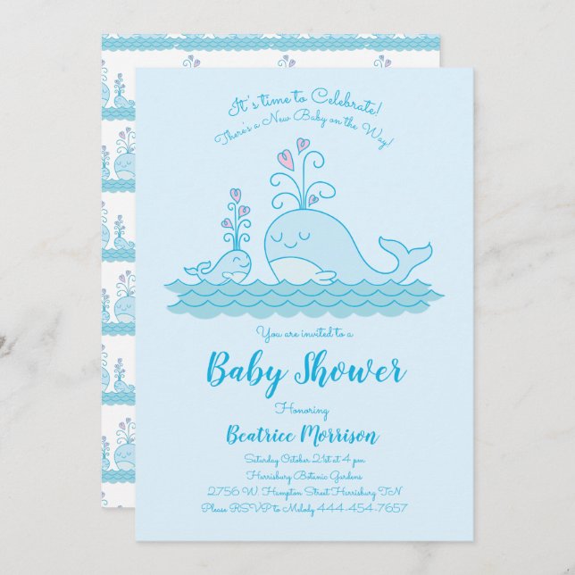 Cute Whale Baby Shower Ocean Gender Neutral Blue Invitation (Front/Back)