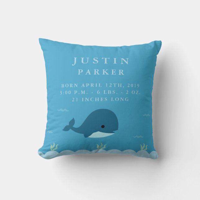 Cute Whale Birth Announcement Stats Nursery Pillow (Front)