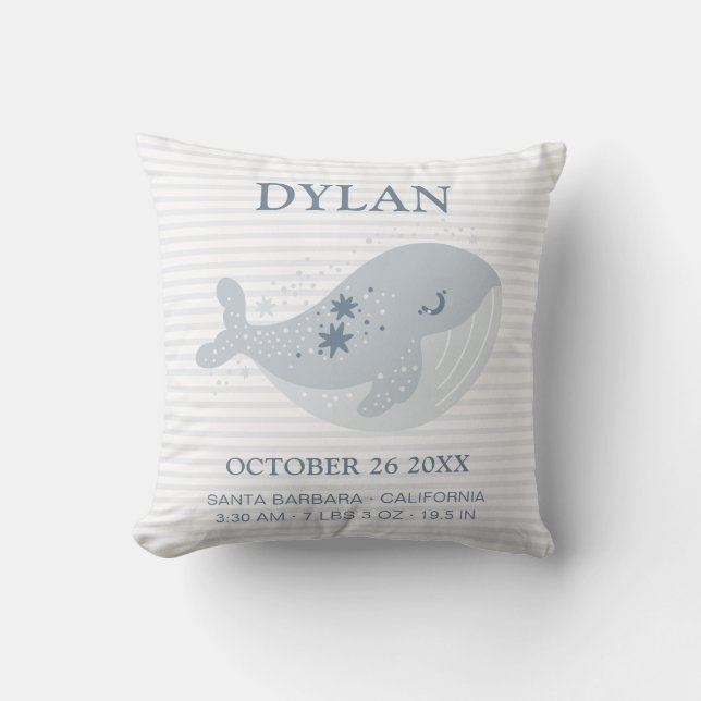 Cute Whale Blue Boy Birth Announcement Stats Cushion (Front)