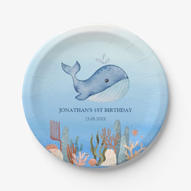  Cute Whale Blue Sea Coral Reef Birthday  Paper Plate (Front)