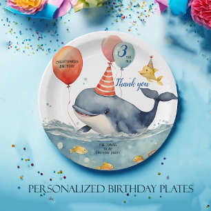 Cute Whale Boys Personalized Birthday Thank You Paper Plate