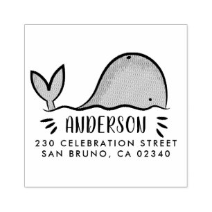 Cute Whale Custom Family Name & Return Address Rubber Stamp